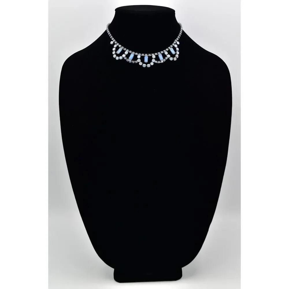 Vintage Crystal Collar Necklace Cabochon Blue Prong Rhinestone Silver 60s Bin3D